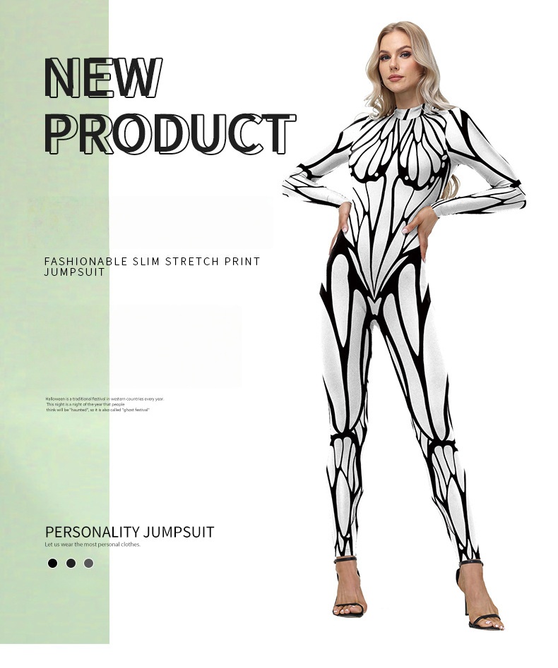 Women Long Sleeve Skinny Jumpsuit - Abstract Geometric Full Print Bodysuit